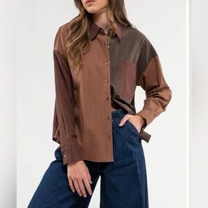 Blu Pepper Brown and Tan Plaid Color Block Button Down - NWT